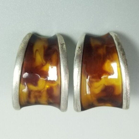 Vintage Anne Kline Tiger Eye Large Curved Stud Earrings Pierced, Silver Tone - Picture 7 of 8